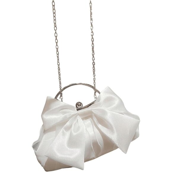 Women's White Polyester Cute Bow Decor Clutch Evening Crossbody Purse - Picture 5 of 7